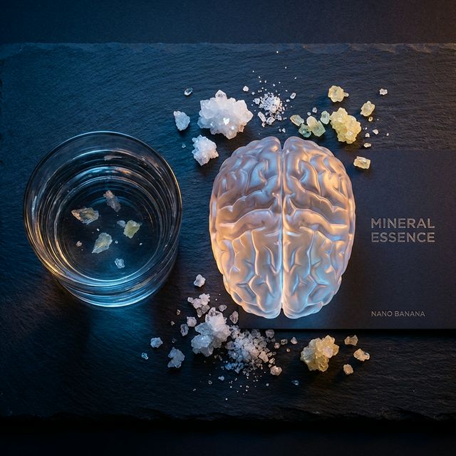 Reprezentare artistică a unui creier uman radiant înconjurat de minerale esențiale și o apă cristaliniă.